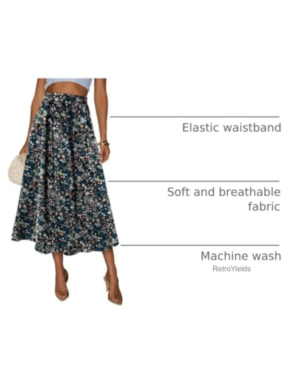 Women's Print Midi Skirt with Pockets Elastic High Waist A-Line Flared Bohemian